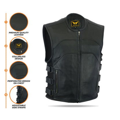 A composite image displaying multiple close-ups of a men's black leather motorcycle vest, highlighting details such as the inner lining, collar, zipper pulls, and side strap hardware, on a white background.
