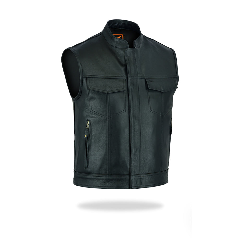 A slightly different angled front view of a men's black leather motorcycle vest, displaying the front zipper, collar, and chest pockets, on a white background.