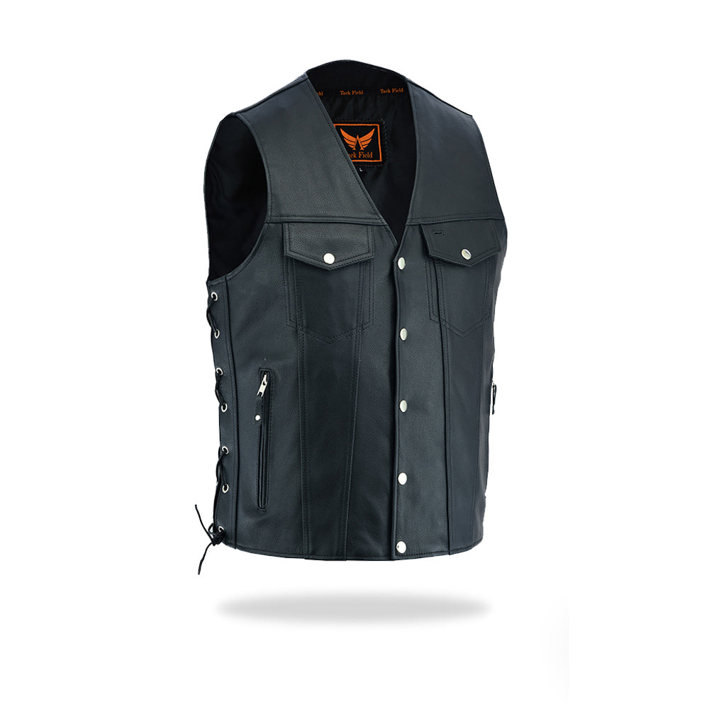 A full-length, slightly angled front view of a men's black leather motorcycle vest featuring a snap-button front closure, two chest flap pockets with snaps, and prominent adjustable lacing details along both sides, isolated on a white background.