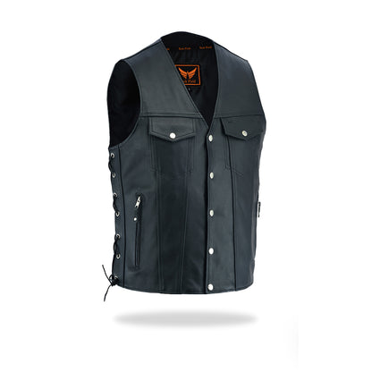 A full-length, slightly angled front view of a men's black leather motorcycle vest featuring a snap-button front closure, two chest flap pockets with snaps, and prominent adjustable lacing details along both sides, isolated on a white background.