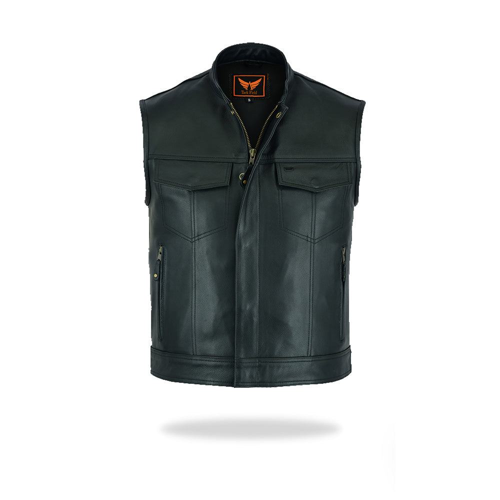 A front view of a black men's leather motorcycle vest, featuring a full front zipper closure, a mandarin collar, and two snap-button chest pockets.