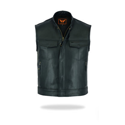 A front view of a black men's leather motorcycle vest, featuring a full front zipper closure, a mandarin collar, and two snap-button chest pockets.