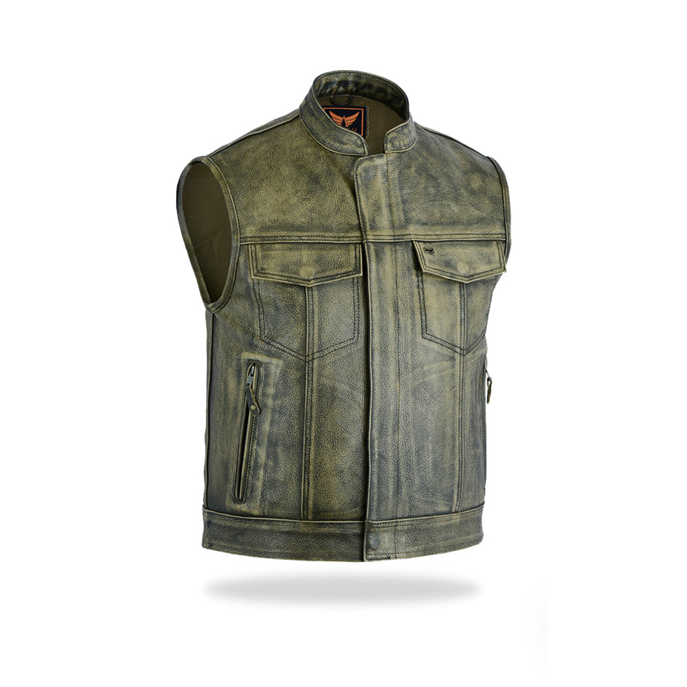 A side view of a men's distressed woodland color leather motorcycle vest with a weathered appearance, featuring chest pockets, on a white background.
