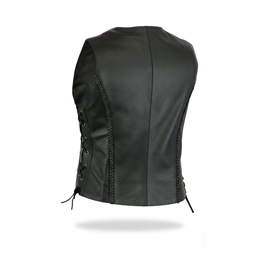 A back view of a women's black leather motorcycle vest with adjustable side lacing visible, showcasing the rear design and fit, on a white background.