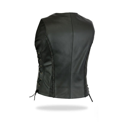 A back view of a women's black leather motorcycle vest with adjustable side lacing visible, showcasing the rear design and fit, on a white background.