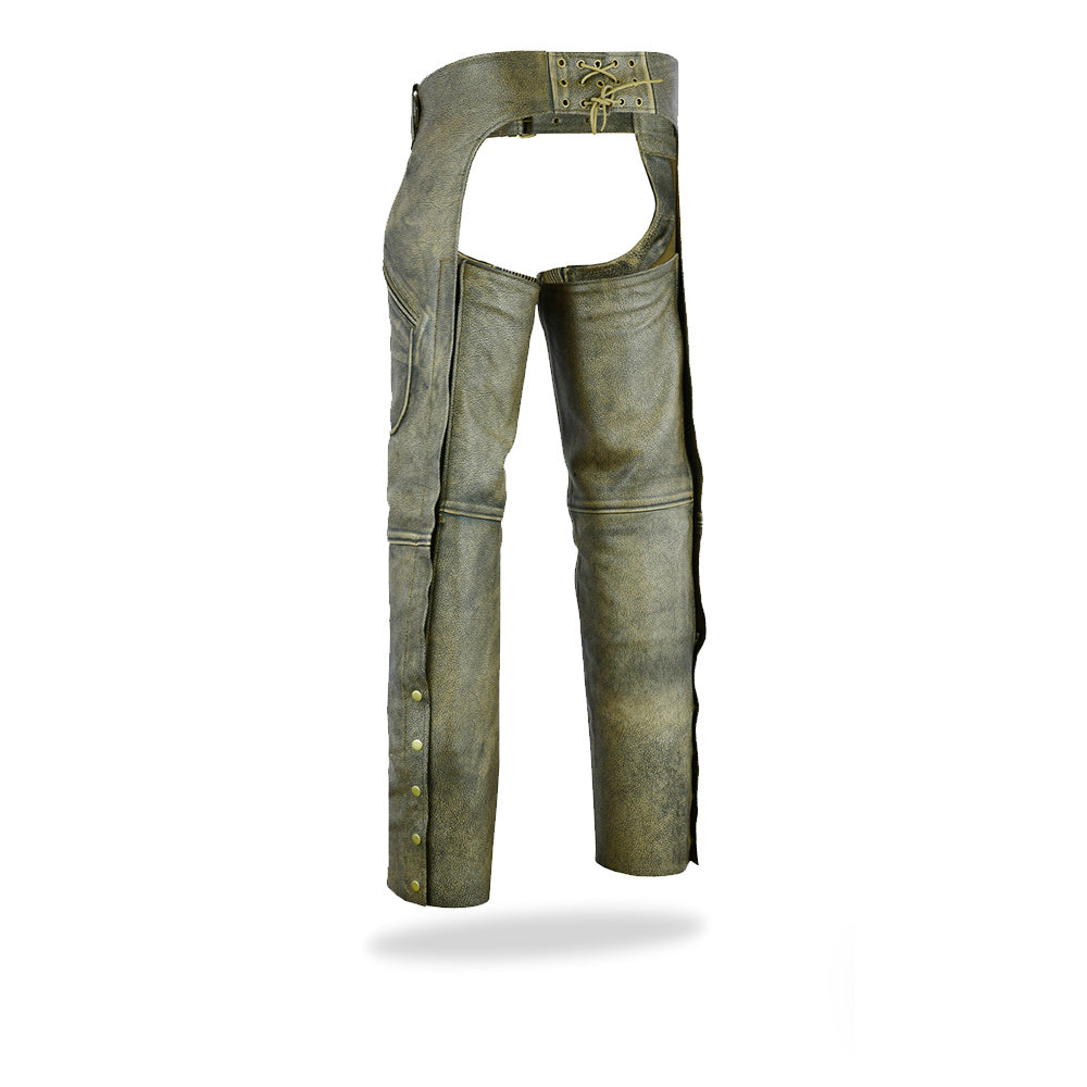 A back view of the woodland leather motorcycle chaps, showing the open rear design and the texture of the leather.