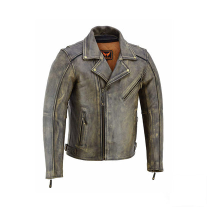 A side view of the woodland men's biker-style leather jacket, highlighting the sleeve and body fit.