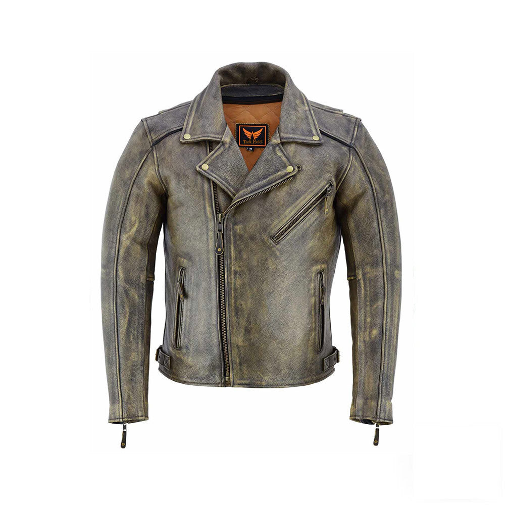 A front view of a woodland men's biker-style leather jacket, featuring a full front zipper, a stand-up collar, and zippered chest and side pockets. The rugged texture is visible.