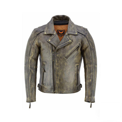 A front view of a woodland men's biker-style leather jacket, featuring a full front zipper, a stand-up collar, and zippered chest and side pockets. The rugged texture is visible.